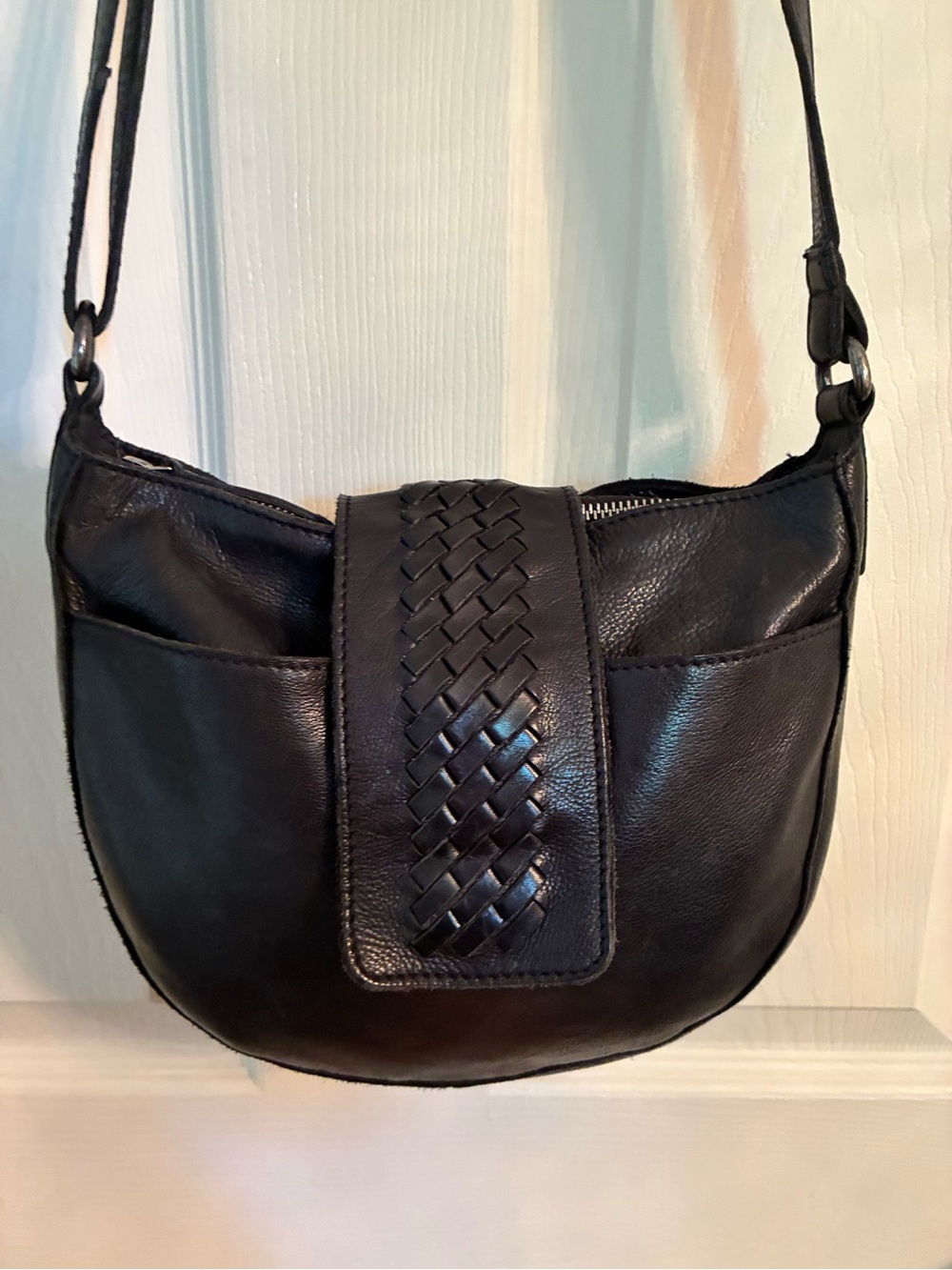 Woven Flap Black Leather Crossbody Bag